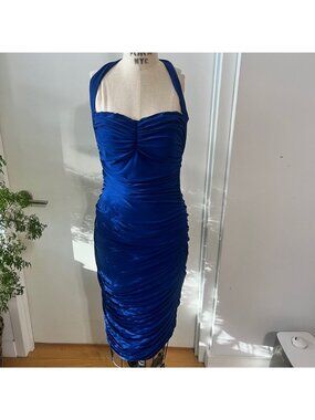 NORMA KAMALI Ruched Halter Midi "Bill" Dress in Cobalt Blue‎ Size M